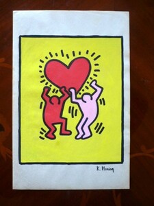 送料無料★ キース・ヘリング Haring Keith★取り扱い画廊店印あり★アクリル油彩画★模写 ★販売証明書付属★サイン入り★a47