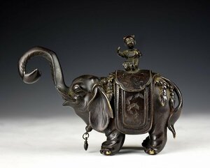 【蔵c7126】古美術　唐銅　童子象のったり香炉　江戸時代