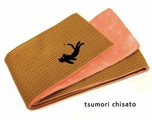 ツモリチサト tsumori chisato 浴衣 半幅帯 イエロー×ピンク 新品 未使用 タグ付き 日本製 ロング 4m 可愛いネコ刺繍 リバーシブル 猫