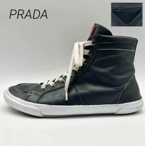 1円 【美品】 PRADA プラダ 【王者の貫禄】 メンズ スニーカー ハイカット 靴 シューズ 三角ロゴ ブラック 黒 6 26.0cm相当