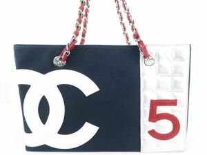 CHANEL シャネル　キャンバス×レザー　トートバッグ　ココマーク No.5 チェーンショルダー お洒落な　ネイビー×シルバー