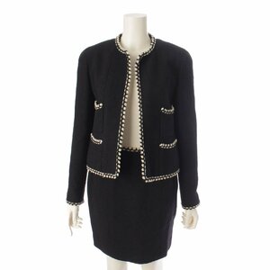 【シャネル】Chanel　ココボタン ツイード ノーカラー ジャケット＆スカート セットアップ ブラック 38 【中古】【正規品保証】193186