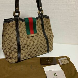 使用回数少　美品　GUCCI グッチ GGキャンバス シェリーライン　ハンドバッグ トートバッグ ブラウン 233607