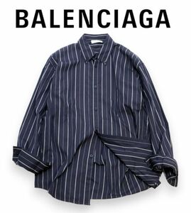 国内正規品 BALENCIAGA 520172 オーバーサイズ コットン ストライプ長袖シャツ バレンシアガ マルチストライプ L/S SHIRT ネイビー34 JK-3