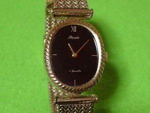 珍品　アンティーク　手巻き式　１７石　SWISS　RONDA　女性用腕時計　楕円型　ブラック