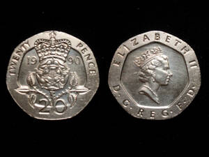 【イギリス】 1990年 20 ペンス　白銅貨　エリザベス2世女王　イングランド　薔薇　ローズ