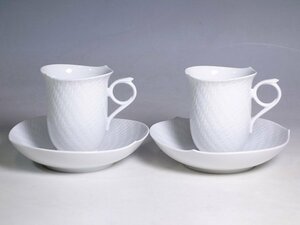 K05038【MEISSEN マイセン】波の戯れ ホワイト コーヒーカップ＆ソーサー 2客 碗皿