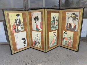 《美品》屏風　小屏風　「喜多川歌麿」浮世絵版画集「娘火時計　未ノ刻・不作者～他六画」四曲　231119