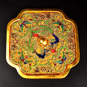 ▽鴻▽ 銅製 塗金 景泰藍 琺瑯彩 雙鳳紋銅鏡 置物 古賞物 中国古玩 中国古美術
