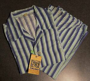 デッドストック70sビンテージパジャマ/セットアップMストライプ柄コットン紺青/緑白オープンカラーシャツ/イージーパンツ70年代1970sユーロ