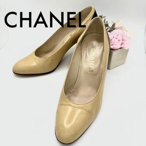 【大人気】CHANEL シャネル レザーパンプス (約22.0cm)靴 ヒール シューズ レディース ベージュ