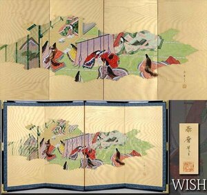 【真作】【WISH】岡田泰麿 日本画 四枚折屏風 金泥仕様 絹本 源氏物語図屏風 　　〇田鶴会所属 師:春瑞 #24042676