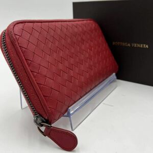 1円●付属品有●BOTTEGA VENETA ボッテガヴェネタ 長財布 イントレチャート ラウンドウォレット ジップ レザー 本革 レッド 赤 メンズ 男女