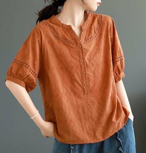 シャツ レディース ブラウス シャツブラウス 刺繍り ゆったり カジュアル 大きいサイズ 可愛い 着痩 半袖 チュニック オレンジ K0235