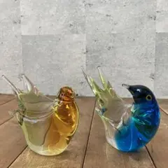 アンティーク マルティガラス 鳥の置物 ブルー オレンジ クリスタル オブジェ