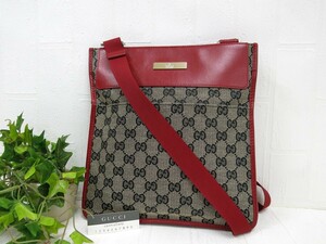 GUCCI グッチ◆GGキャンバス カーフ レザー 本革◆ショルダー バッグ◆ベージュ ブラック レッド G金具◆超美品◆ロゴプレート◆N7893