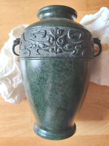 銅虫花瓶　広島特産　銅虫器　かきだ謹製　深緑　銅蟲　共箱付