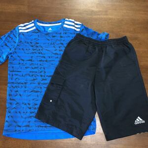 【adidas/アディダス】Tシャツ　ハーフパンツ　上下２枚セット　140㎝　130㎝　中古　スポーツウェア　トレーニング　青/黒