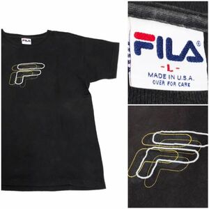 USA製 90’s FILA フィラ ヴィンテージ Tシャツ ロゴ 刺繍 ブラック 黒 Lサイズ HIPHOP RAP 希少 貴重 レア ビッグシルエット アメリカ製