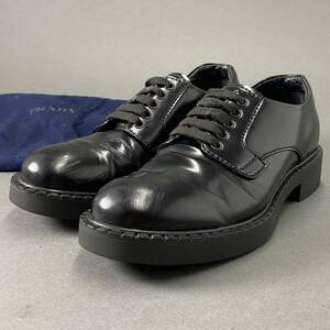 cd13《伊製》PRADA プラダ プレーントゥ レザーシューズ 革靴 ブラック 8（26.5〜27cm相当）メンズ 男性用 本革 幅広 