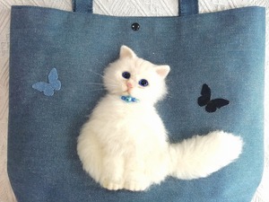 羊毛フェルト　猫　猫ちゃんデニムトートバッグ・バッグ