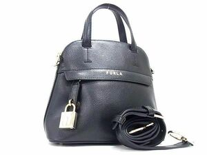 1円 ■美品■ FURLA フルラ パイパー レザー 2WAY ハンドバッグ ショルダー トート 斜め掛け レディース ブラック系 FC1426