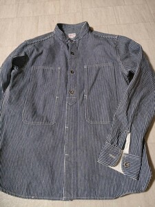 サイズ：38　美品　日本製　桃太郎ジーンズ　スタンドカラーヒッコリーワークシャツ MOMOTARO JEANS　　