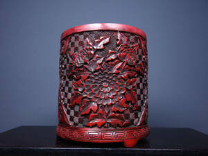 ▽鴻▽ 漆器漆彫 剔紅 花開富貴紋 筆筒 置物 古賞物 中国古玩 中国古美術