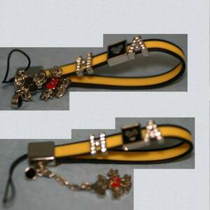 ディズニ-ミッキ-マウス付黄色x黒ラバ-素材携帯ストラップ綺麗 ○C8-496-2