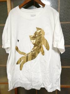 【未使用美品】ツモリチサト TSUMORI CHISATO ニコアンド niko and ... Tシャツ ホワイト レディース 女性 猫 ネコ Lサイズ 金色 コラボ品