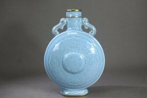 中国 唐物 古瓷 時代物 清 乾隆 天藍釉 抱月 雙耳扁瓶
