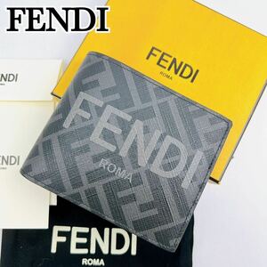 1円〜 極美品 FENDI フェンディ 二つ折り財布 二つ折り 財布 レザー ブラック 札入れ カード入れ ズッカ柄 エンボス ブラック 黒色 メンズ