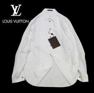 未使用 Louis Vuitton カフスボタン フロントプリーツ コットン長袖シャツ ルイヴィトン ドレス タキシード LVロゴボタン ホワイトXS FM-18