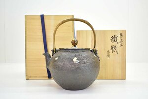 龍泉堂 龍文堂写 鉄瓶 古城 銀象嵌 [共箱][浦島紫星][金布目][茶道具][茶器][鐵瓶][骨董][k2]21M