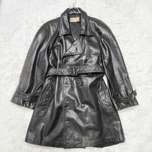 1円【美品・貫禄】レザー トレンチコート L～XL ダブルボタン ベルト メンズ 牛革 黒 メンズ 本革 レザージャケット フリーサイズ