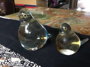 ガラス工芸 雷鳥 親子 マルティガラスGLASS とんぼ玉　鳩　つがい　夫婦円満　置物　縁起物　一部欠損あり