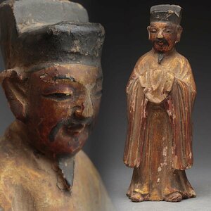 ER490 中国美術 木雕漆絵文官立像・木彫漆箔人物像 高16.6cm 重80g・木造人物像・木雕神像