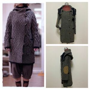 美品◆iliann loeb◆レザーパッチ ケーブル編み ニット ダッフルコート フリー グレージュ イリアンローヴ 定価72450円 KILCARRA TWEED