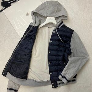 未使用級 希少L モンクレール MONCLER MAGLIA CARDIGAN 長袖 ダウン スウェット 切替ジャケット パーカー ロゴワッペン ネイビー グレー