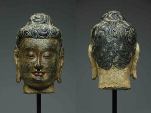 ■観心・時代旧蔵■C3816北魏時代 青石彩絵釈迦牟尼仏首 青石細工彫刻★仏教古美術★仏像★細密細工★廃寺旧蔵★廃寺買出品