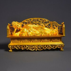 ◆古寳堂◆清 銅製 塗金 大日如來睡仏 仏教古美術 供養品 極細工 古置物 古擺件 中国古美術 時代物 古董品