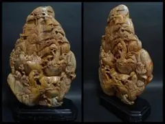時代物 大型寿山石 高浮彫『祥瑞山水人物図』置物 手彫り擺件中国古賞物 古美術品