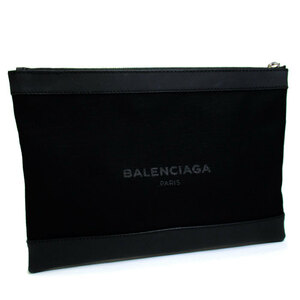 【中古】BALENCIAGA ネイビー クリップM クラッチバッグ セカンドバッグ キャンバス レザー ブラック 373834