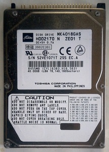 ■ TOSHIBA ／ 東芝 2.5インチ 内蔵HDD ★MK4018GAS ATA100 (40GB 9.5mm) ★送料全国一律777円■