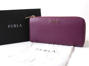 N15916 美品 FURLA フルラ 長財布 L字ファスナー レザー ロングウォレット 定価2.6万 パープル 札入れ 小銭入れ 箱付き 保管袋付き