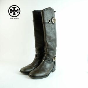 TORY BURCH トリーバーチ 7 24.0 ロングブーツ ヒール ラウンドトゥ サイドジップ ゴールド金具 レザー ブラウン/OC36