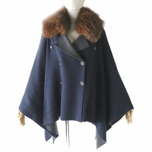 極美品◎正規品 BRUNELLO CUCINELLI ブルネロクチネリ レディース フォックスファー付き カシミヤ100％ ポンチョ／ケープ ネイビー M 毛皮