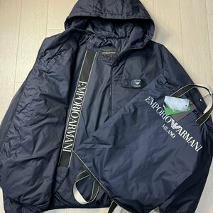 タグ付き/L-XL相当★アルマーニ/EMPORIO ARMANI 胸ロゴワッペン パディング フーデットジャケット ジップパーカー 軽量中綿 収納袋 メンズ