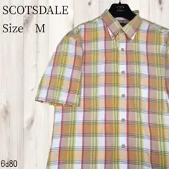 【美品】チェックシャツ 半袖 木製ボタン風 暖色系 コットン100％