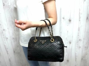 極美品 PRADA プラダ ゴールドチェーン ナッパ キルティング レザー ハンドバッグ バッグ B4596 黒 70771